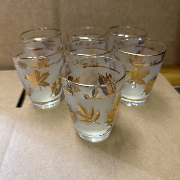 Set of 7 MCM Libbey Frosted Golden Foliage Leaves Juice Glass Tumblers 6 oz - Picture 1 of 6